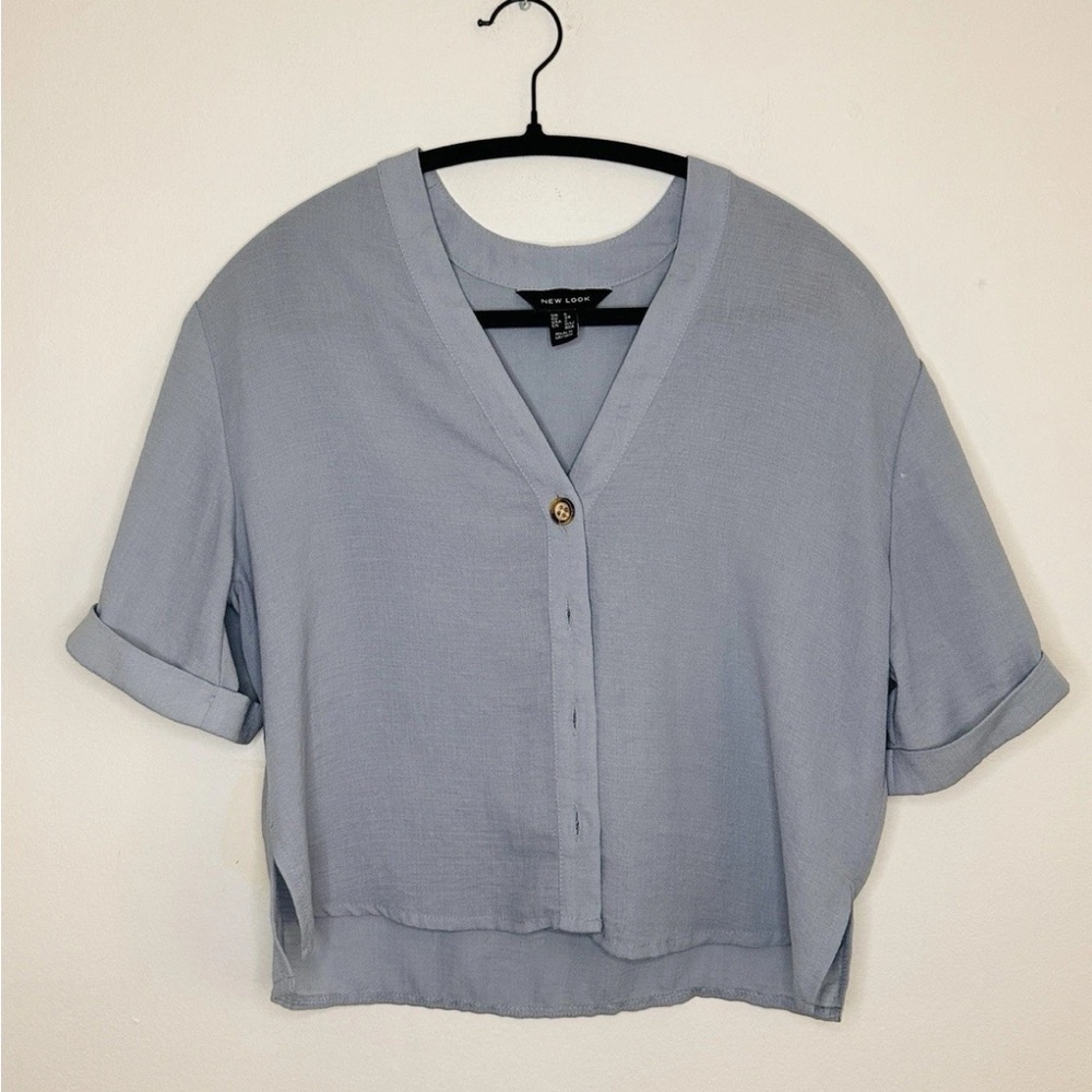 New Look Blue Cuffed Sleeve Crop Blouse Size 2